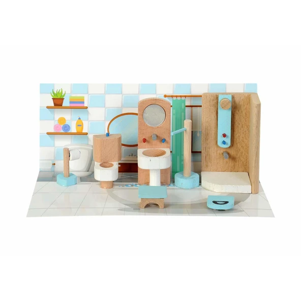 Ahşap Mini Banyo Seti – 25x12 cm Minyatür Oyuncak Ev Mobilyası ürün görseli 1