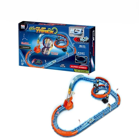 Glow Flip Track Yarış Pistin Seti – 42 Parça – Işıklı, Spiral Rampalı, USB Şarjlı Hızlı Oyucak Araba Seti, 3+ Yaş ürün görseli 1