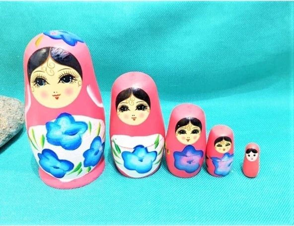 Sevgiliye Özel Günlere Hediye Dekoratif Süpriz  Iç Içe Geçen Ahşap Pembe Matruşka Bebek 5'li  Set ürün görseli 1