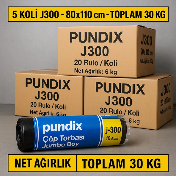 Pundix J300 Jumbo Boy Çöp Torbası 80X110 cm 5 Koli (Toplam 30 Kg) Çift Kat 40 Mikron Kalın Dayanıklı Siyah Poşet Seti Her Koli 20 Rulo (300 Gr/rulo) Ev, Ofis ve Bahçe Temizliği İçin İdeal ürün görseli 1
