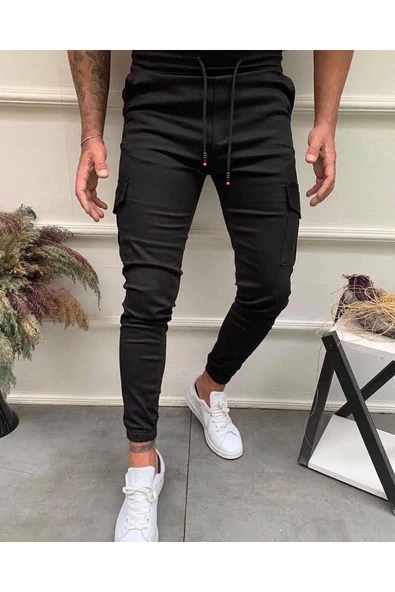 Dizmar Unisex Slim Fit Bel Ve Paça Lastikli Kargo Pantolon / Siyah ürün görseli 1