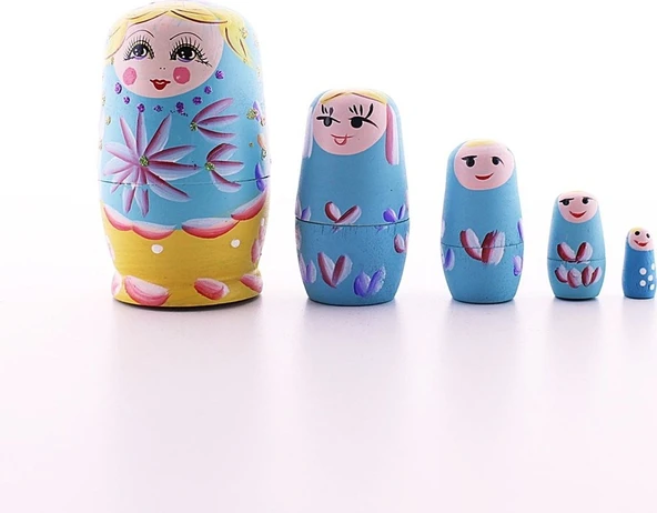 Sevimli Eğlenceli Sevgiliye Hediye Ahşap Tombul Iç Içe Matruşka Bebek Mavi 1 Set 5li Büyük Boy ürün görseli 1