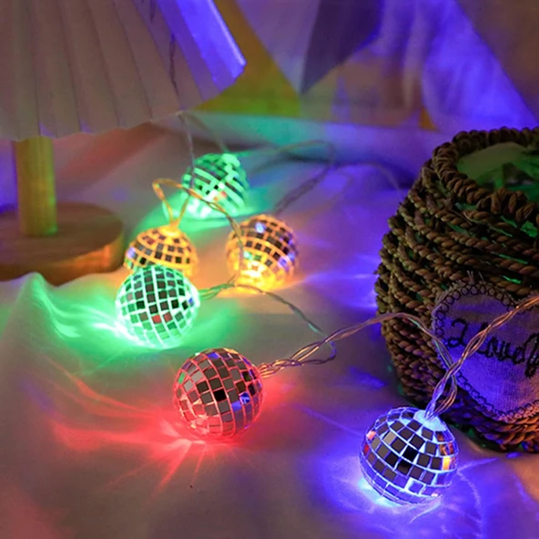 2 Metre 10 Led RGB Aynalı Top Işık  Pilli 2 Fonksiyonlu Dekoratif Renkli Aydınlatma ürün görseli 1