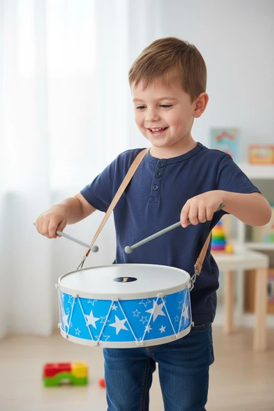 Yıldız Desenli Mavi ve Kırmızı Çocuk Davulu – Askılı, Bagetli, 25 cm, Müzik Aleti Oyuncak ürün görseli 1