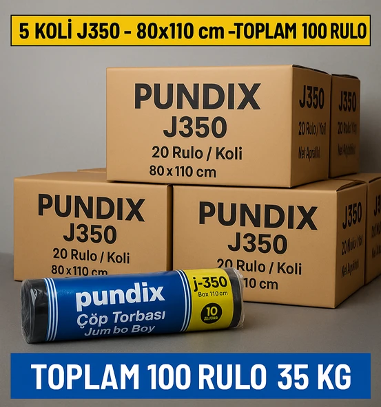 Pundix J350 Jumbo Boy Çöp Torbası 80X110 cm 5 Koli (Toplam 100 Rulo 35 Kg) Çift Kat 40 Mikron Kalın  Endüstriyel Dayanıklı Siyah Poşet Seti ürün görseli 1