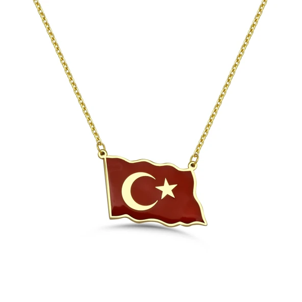 Türk Bayrağı Mineli Gümüş Kolye - Altın ürün görseli 1