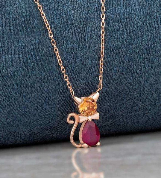 Kırmızı Damla Taşlı Trend Gümüş Kedi Kolye - Gümüş ürün görseli 1