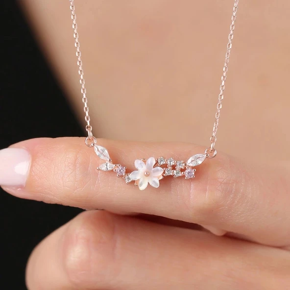 Manolya Çiçeği Markiz Salkımı Flowers Gümüş Kolye - Rose ürün görseli 1