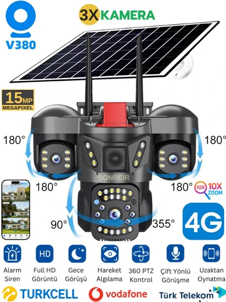 SNR-1 3 Lens Solar Güvenlik Kamerası 4G Sim Kartlı PTZ Hareketli  Gece Görüşlü Güneş Panelli Kamera ürün görseli 1