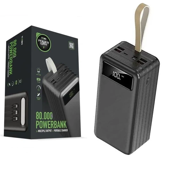 Powerway TX80 80.000Mah Kablolu Dijital Göstergeli Gerçek Fener Işıklı Kamp Siyah Powerbank ürün görseli 1
