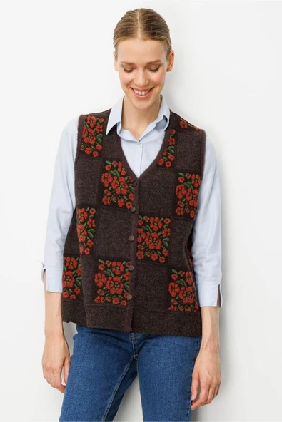 24084 DESEN TRİKO PITIRCIK ÇİÇEKLİ PATCHWORK KEÇE YELEK - Resim 7