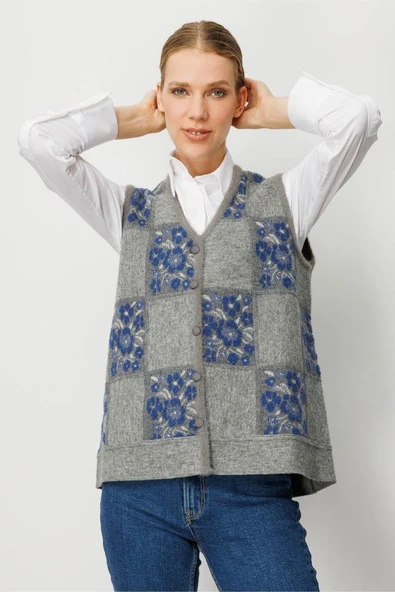 24084 DESEN TRİKO PITIRCIK ÇİÇEKLİ PATCHWORK KEÇE YELEK - Resim 5