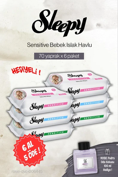 Sleepy 6 AL 5 ÖDE Sensitive 70'li Bebek Havlusu, Rosie Pudra Oda Kokusu ürün görseli 1