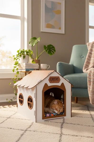 Ahşap Özel İsim Baskılı Dekoratif Kedi Evi-Kulübesi, Kediler İçin Kulübe, Kedi Kulübesi Beyaz-Ceviz ürün görseli 1