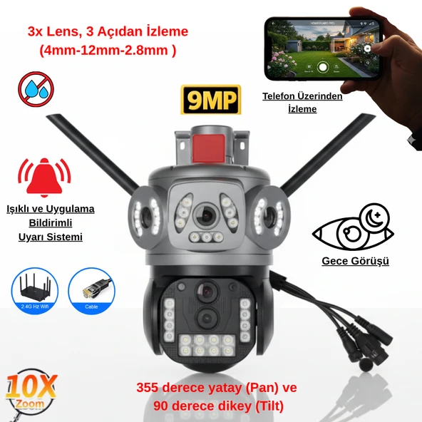 Apronx 9MP 10x Zoom Wifi Kamera | 3 Lens Üçlü Görüş PTZ Güvenlik Kamerası | Dış Mekan Su Geçirmez ürün görseli 1