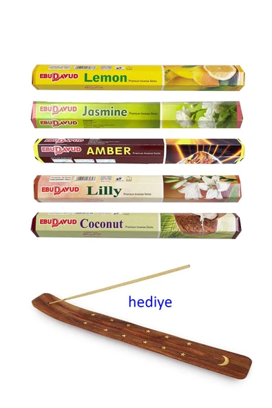 5 Paket 20 Çubuklu Tütsü Lemon - Amber - Lilly- Jasmine - Coconut - Kayık Hediyeli ürün görseli 1