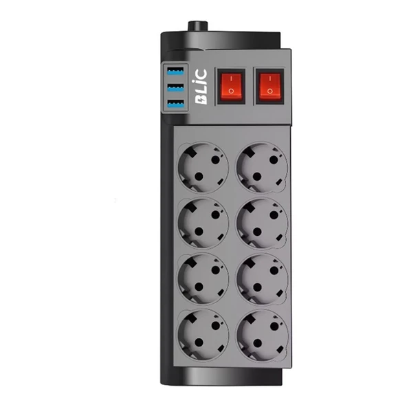 Ftr-08 Isıya Karşı Dayanıklı, 8 x Priz - 3 x USB - 2 Metre Kablo Uzunluğu Termal Akım Korumalı 8'li Grup Priz ürün görseli 1