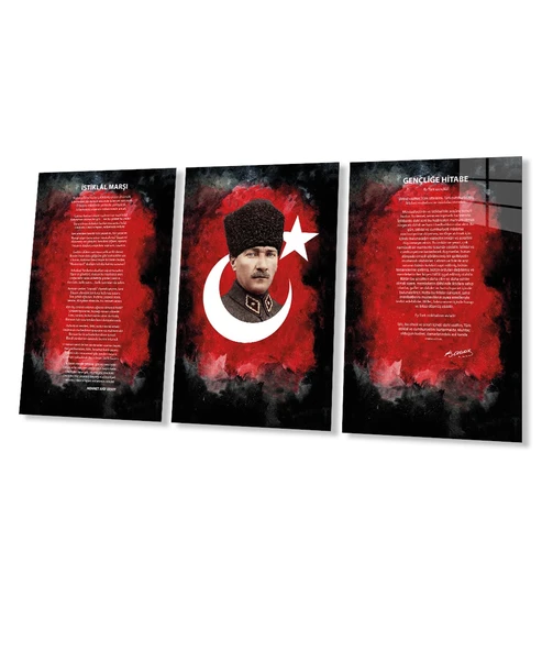 Atatürk - Istiklal Marşı - Gençliğe Hitabe 3 Lü Set Cam Tablo ürün görseli 1