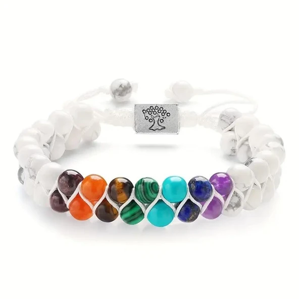 Valkyrie 7 Çakra Doğal Taş Bileklik – Howlite Beyaz – Ayarlanabilir Makrome Unisex Enerji Bilekliği ürün görseli 1