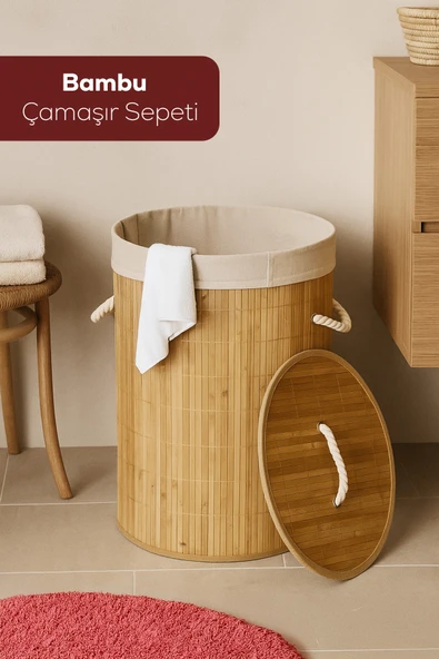 Porsima Pbt-052 Kapaklı Kirli Çamaşır Sepeti Yuvarlak - Bambu Kirli Çamaşır Sepeti Bambu ürün görseli 1