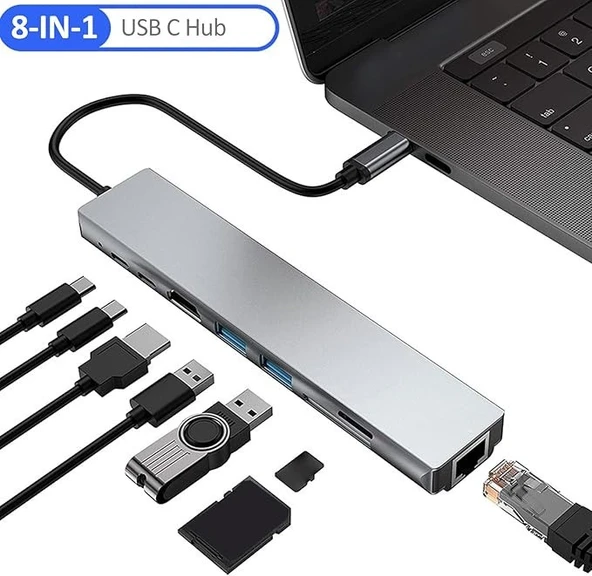 Abatech 8 in 1 Type C to HDMI, SD/ TF, 2 USB 3.0, USB-C PD - Resim 3