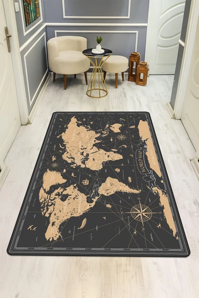 Harita Desenli Dijital Baskı Kaymaz Taban Halı H0695 Renkli 140 X 200 ürün görseli 1
