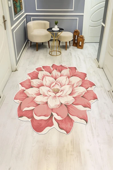 Pembe Lazer Çiçek Desenli Dijital Baskı Kaymaz Tabanlı Halı H0432 Renkli 200 X 200 ürün görseli 1