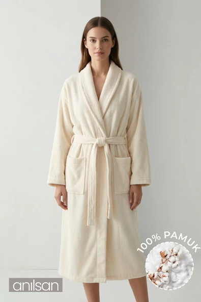 Şalyaka Bornoz Krem %100 Pamuk Unisex Spa Için Ideal Kadın/Erkek ürün görseli 1