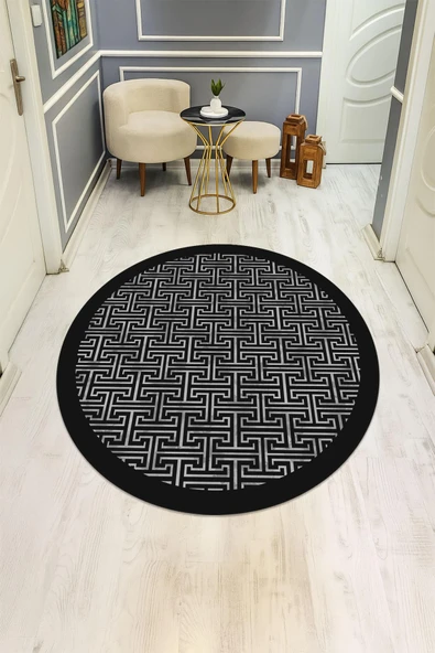 Yuvarlak Dijital Baskı Siyah Modern Desenli Dot Kaymaz Tabanlı Halı H0312 Renkli 160 X 160 ürün görseli 1