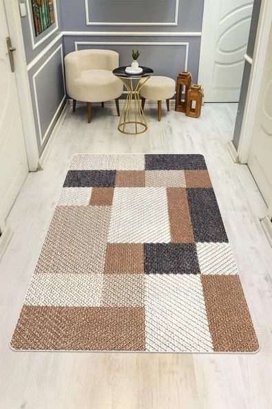 Parlak Kadife Kumaş Dijital Baskı Modern Desenli Dot Kaymaz Tabanlı Halı H1072 RENKLİ 80 X 300 ürün görseli 1
