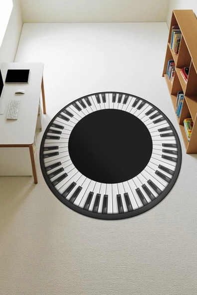 Piano Desenli Yuvarlak Dijital Baskı Kaymaz Tabanlı Halı H0333 Renkli 160 X 160 ürün görseli 1