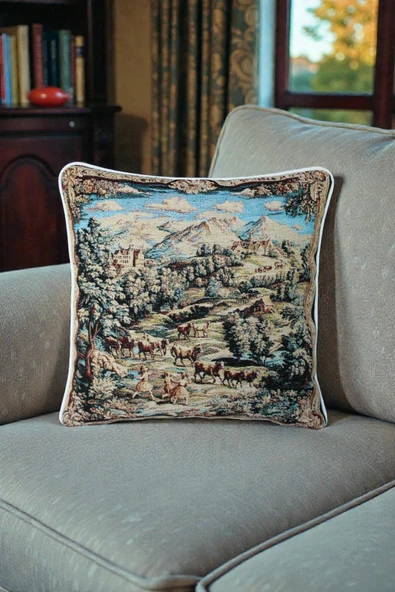 VISIONARIO Kırlent Jakarlı Dokuma Goblen Kumaş - 45x45cm Biyeli Çift Taraflı Dekoratif Kırlent Kılıfı ürün görseli 1