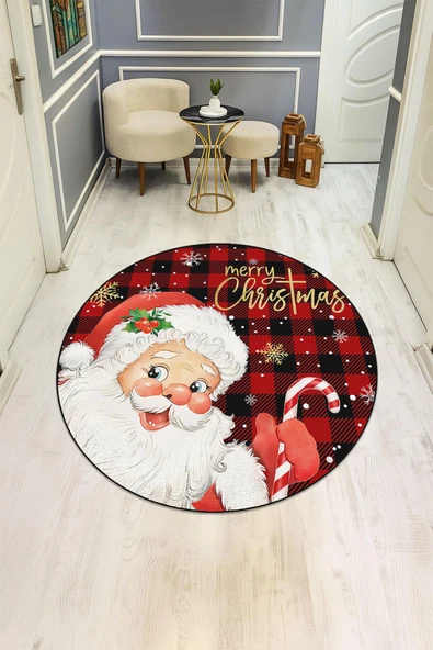 Noel Baba Desenli Yuvarlak Dijital Baskı Kaymaz Tabanlı Halı H0323 Renkli 160 X 160 ürün görseli 1