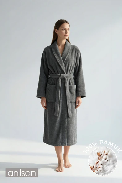 Şalyaka Bornoz Antrasit %100 Pamuk Unisex Spa Için Ideal Kadın/Erkek ürün görseli 1