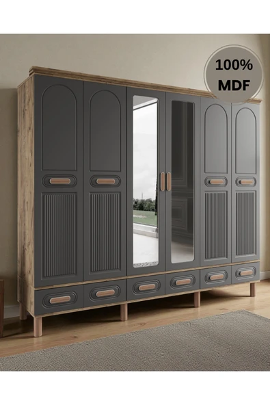Home Comiet Perry 6 Kapaklı Aynalı Çekmeceli MDF Gardırop ürün görseli 1