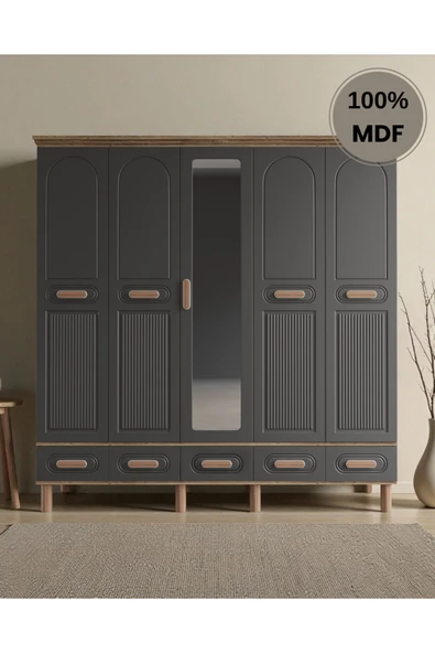 Home Comiet Perry 5 Kapaklı Aynalı Çekmeceli MDF Gardırop ürün görseli 1