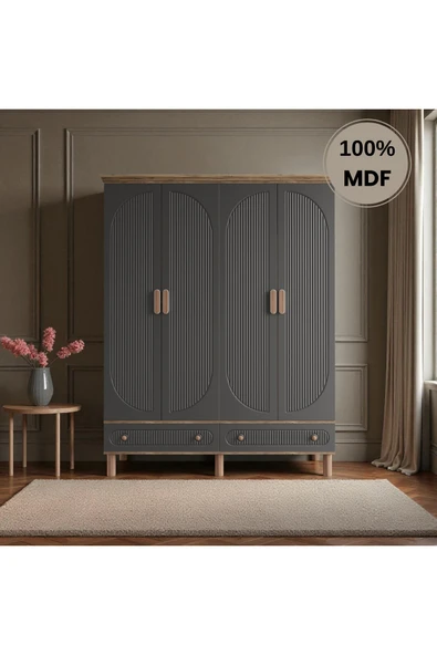 Home Comiet Sally 4 Kapaklı Mdf Çekmeceli Antrasit Gardırop ürün görseli 1