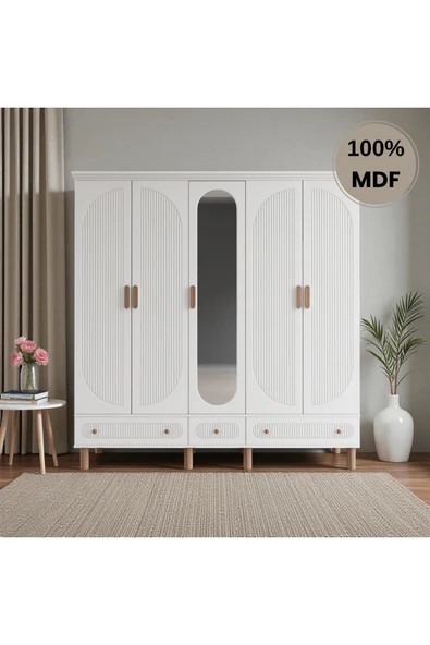 Home Comiet Sally 5 Kapaklı Aynalı Çekmeceli MDF Gardırop ürün görseli 1