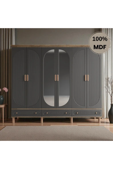 Home Comiet Sally 6 Kapaklı Aynalı Çekmeceli MDF Gardırop ürün görseli 1