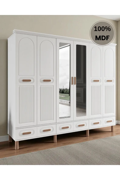 Home Comiet Perry 6 Kapaklı Aynalı Çekmeceli MDF Gardırop ürün görseli 1