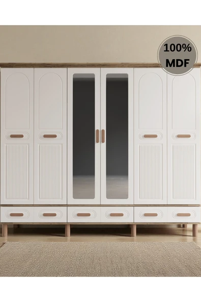 Home Comiet Perry 6 Kapaklı Aynalı Çekmeceli MDF Gardırop ürün görseli 1