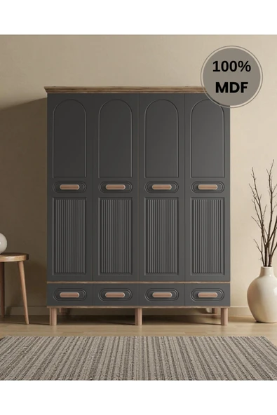 Home Comiet Perry 4 Kapaklı Mdf Çekmeceli Antrasit Gardırop ürün görseli 1