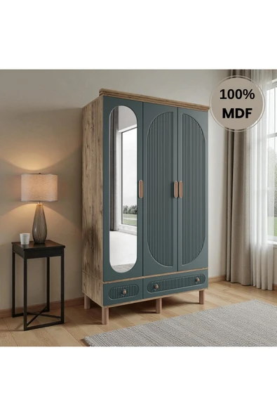 Home Comiet Sally 3 Kapaklı Aynalı MDF Çekmeceli Haki Gardırop ürün görseli 1