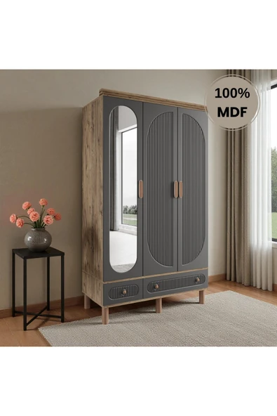 Home Comiet Sally 3 Kapaklı Aynalı MDF Çekmeceli Antrasit Gardırop ürün görseli 1