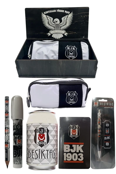 Beşiktaş Orjinal Lisanslı Beyaz Kutu Kalemtraş Ahşap Kutulu 6'lı Kırtasiye Seti ürün görseli 1