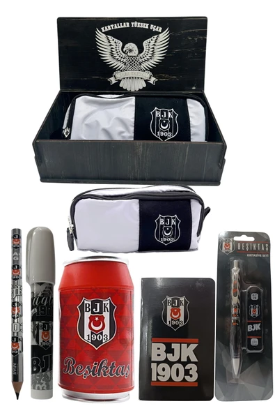 Beşiktaş Orjinal Lisanslı Kırmızı Kutu Kalemtraş Ahşap Kutulu 6'lı Kırtasiye Seti ürün görseli 1