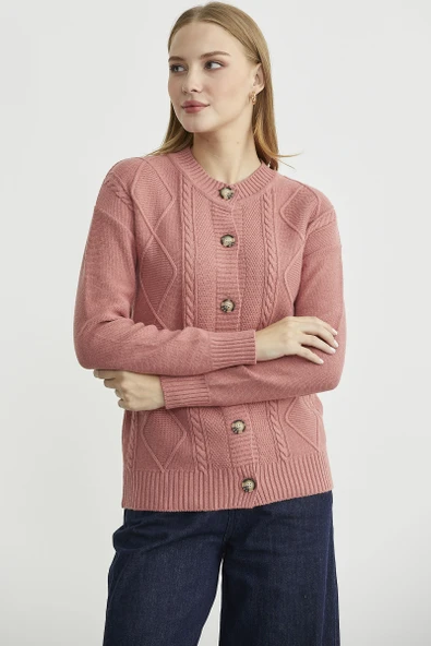 Düğmeli Oversize Angora Triko Hırka - Gül - Resim 4