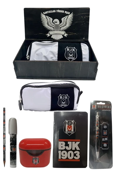 Beşiktaş Orjinal Lisanslı Beyaz Air Kalemtraş Ahşap Kutulu 6'lı Kırtasiye Seti ürün görseli 1