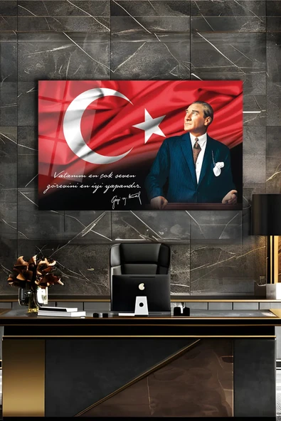 Atatürk Portre ve Türk Bayrağı Vatanını En Çok Seven Görevini En İyi Yapandır Cam Tablo, Hediyelik ürün görseli 1