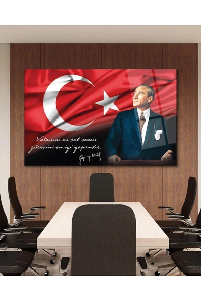 Atatürk Portre Cam Tablo Vatanını En Çok Seven Görevini En İyi Yapandır Kurum Hediyelik Büyük Tablo ürün görseli 1